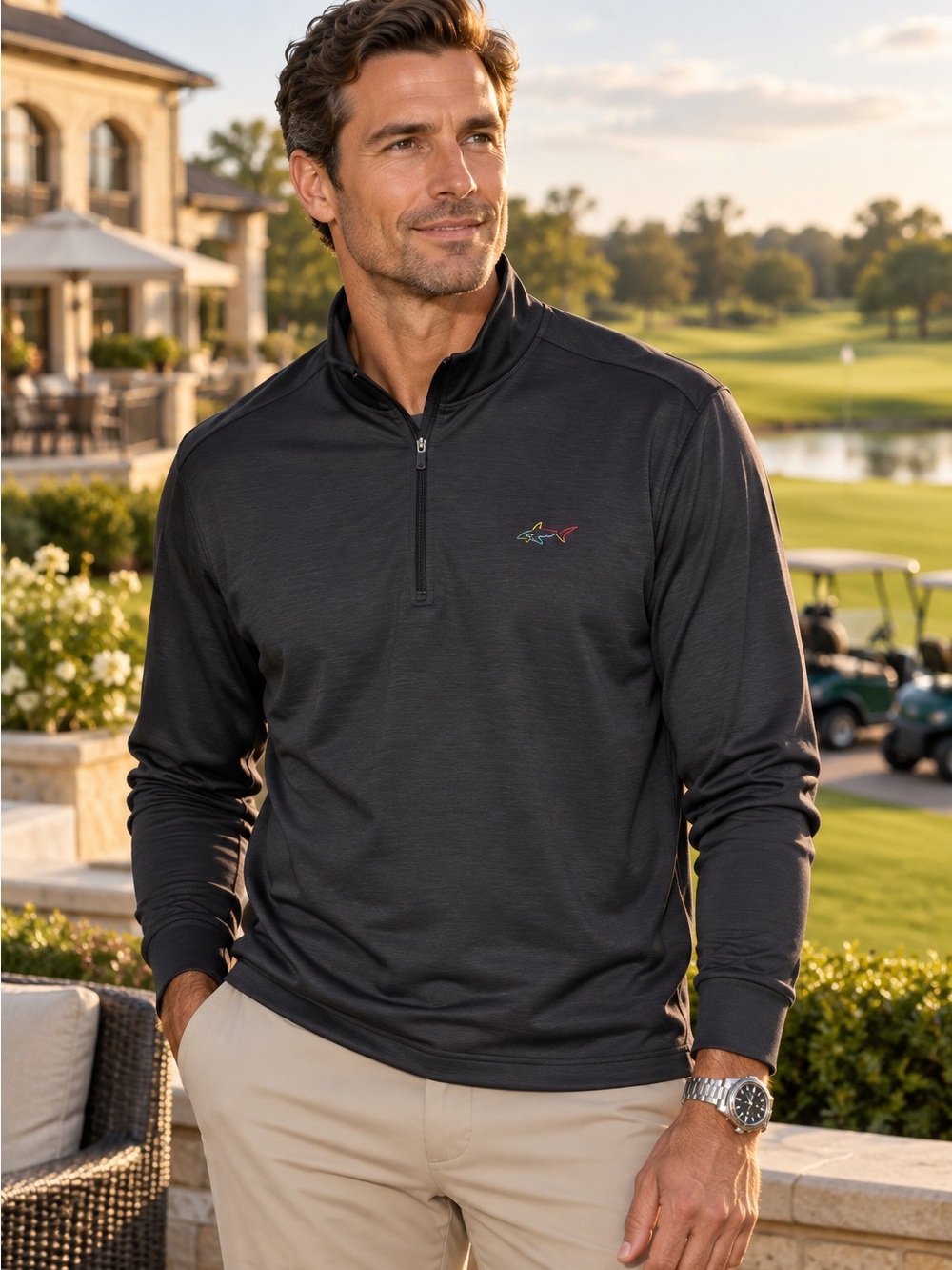 Greg Norman Men’s XL Black Quarter Zip Pullover Shark Logo Golf Mock Neck EUC